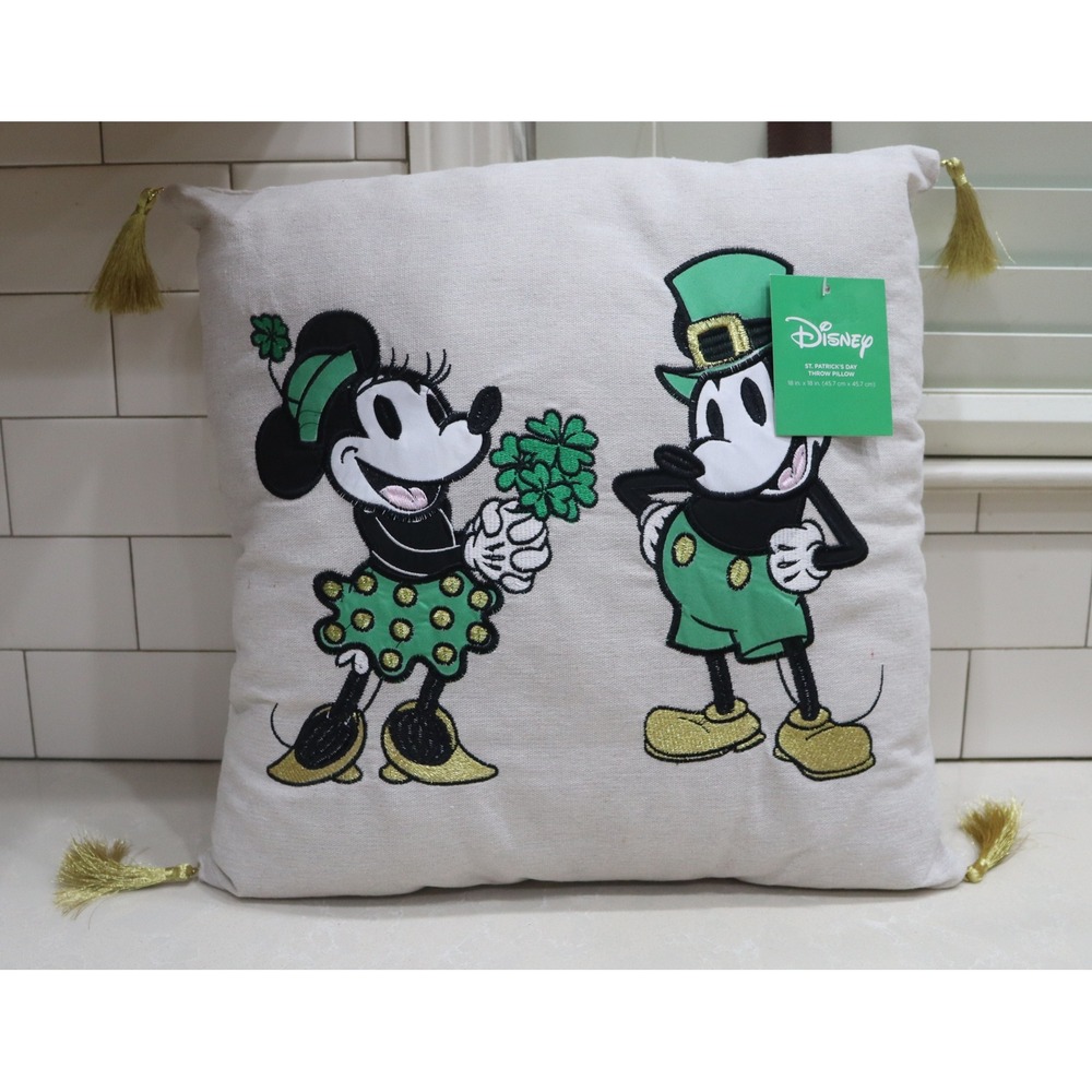 Disney Mickey Minnie St Patricks Day Throw Pillow Embroidered Applique 18x18 NEW